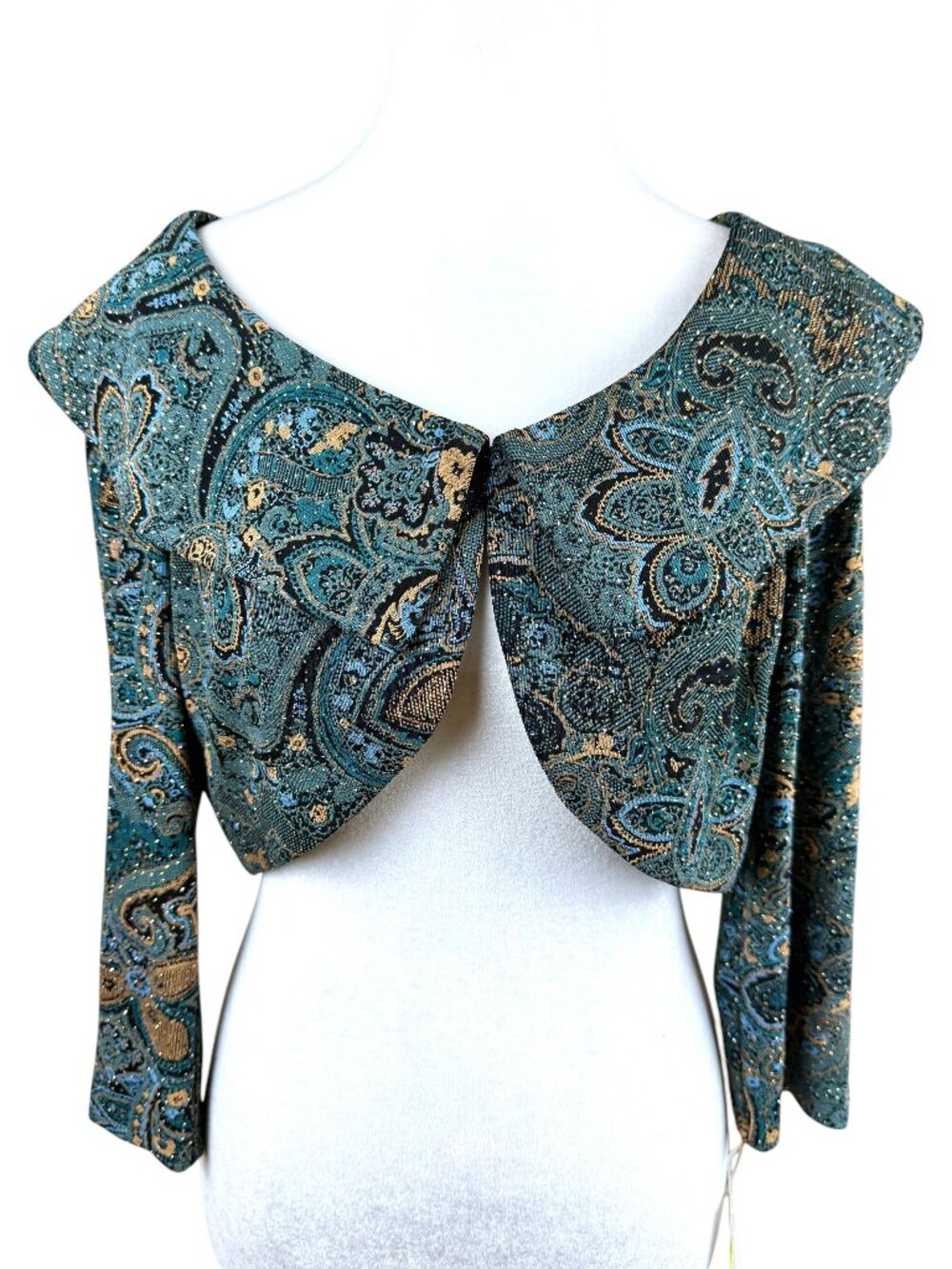 Alex Evenings Cropped Bolero Jacket Teal Blue Paisley Metallic Sparkles (S) NWT